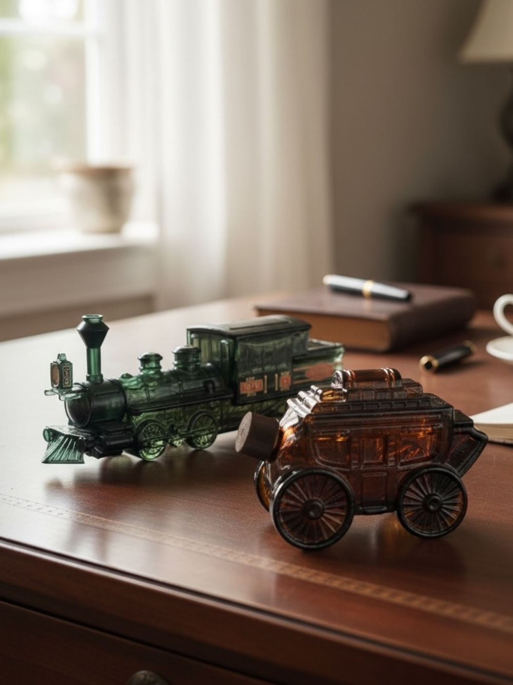 Vintage Avon Glass Decanter Set Steam Locomotive and Stagecoach
